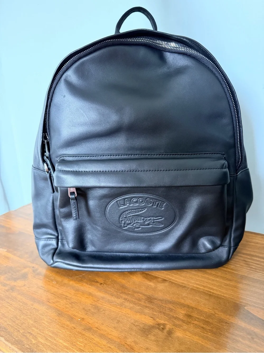 Lacoste Black Smooth Leather Backpack with Embossed Logo